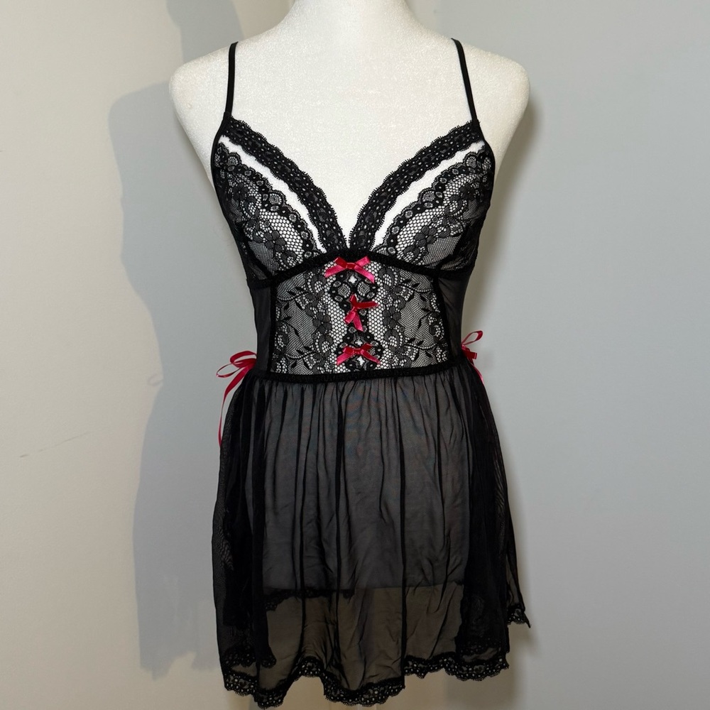 Black Lace Slip with Pink Bows